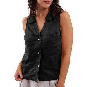 Women's 100% Linen Sleeveless Button-Down Crop Vest - Summer Casual Top